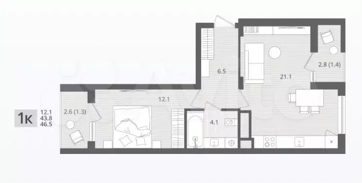 1-к. квартира, 47 м, 2/7 эт. - Фото 1