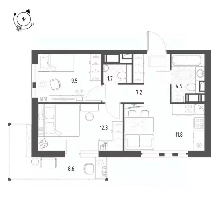 Квартира, 2 комнаты, 49.5 м - Фото 2