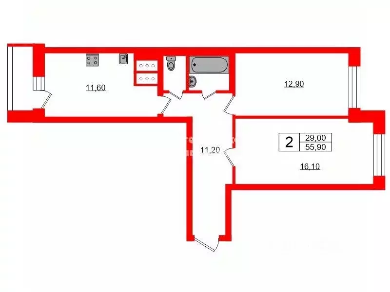 2-к кв. Санкт-Петербург ул. Русановская, 18к8 (55.9 м) - Фото 1