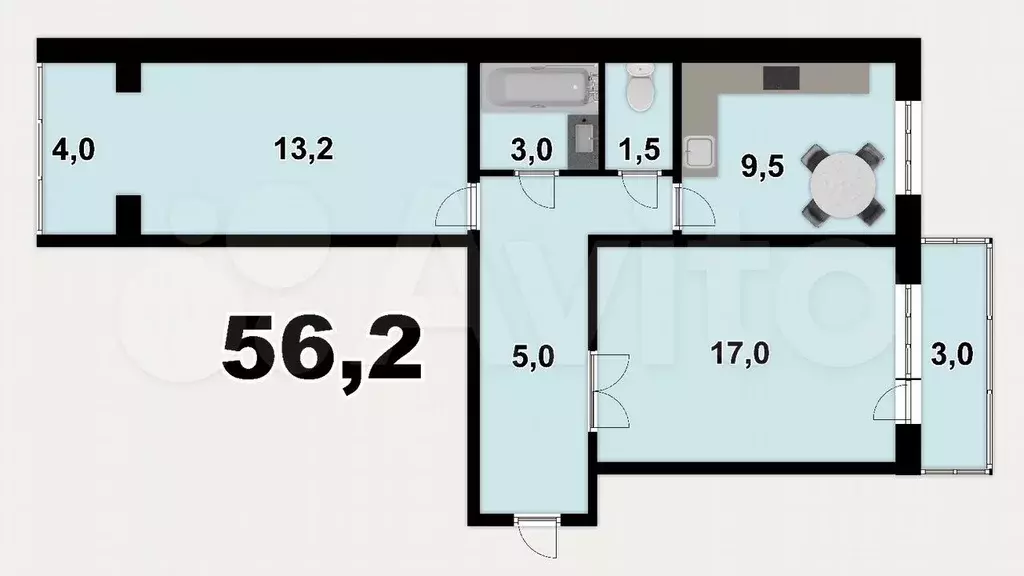 2-к. квартира, 56 м, 5/9 эт. - Фото 0