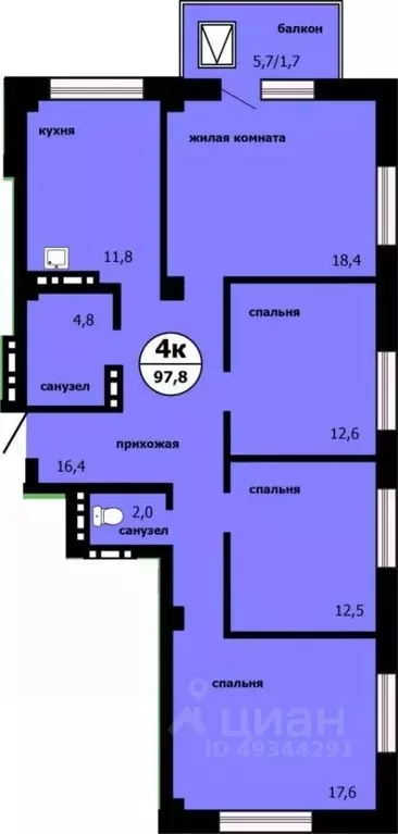 4-к кв. Красноярский край, Красноярск ул. Лесников, 45А (97.8 м) - Фото 0