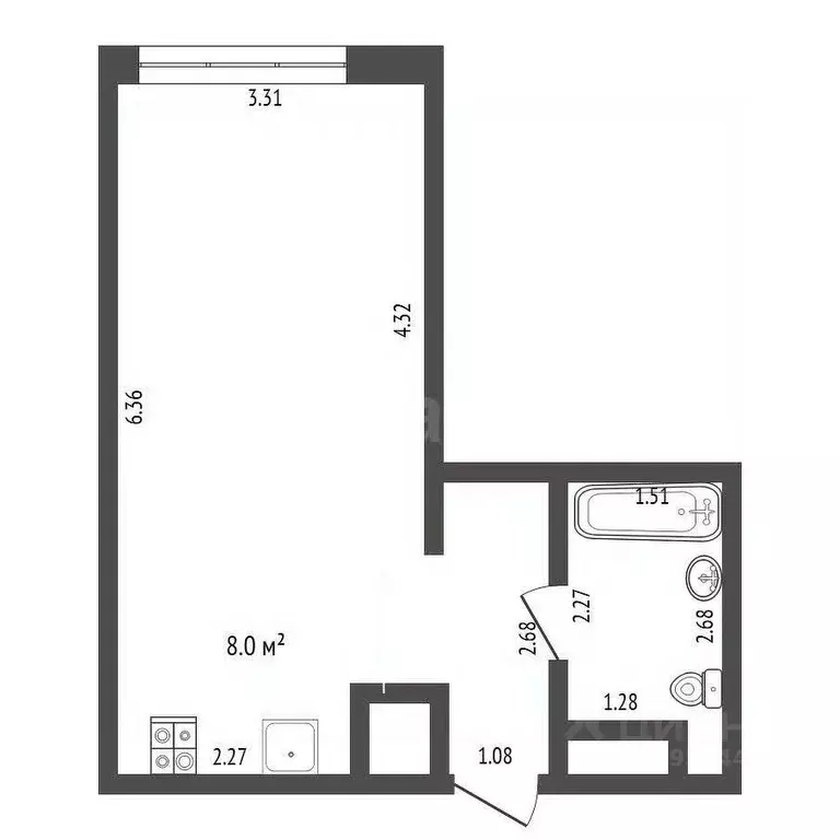 Студия Тюменская область, Тюмень ул. Новоселов, 105 (25.2 м) - Фото 0