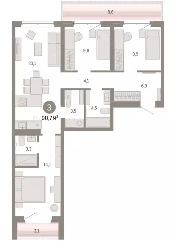 3-комнатная квартира: Тюмень, жилой комплекс На Минской (90.66 м) - Фото 1