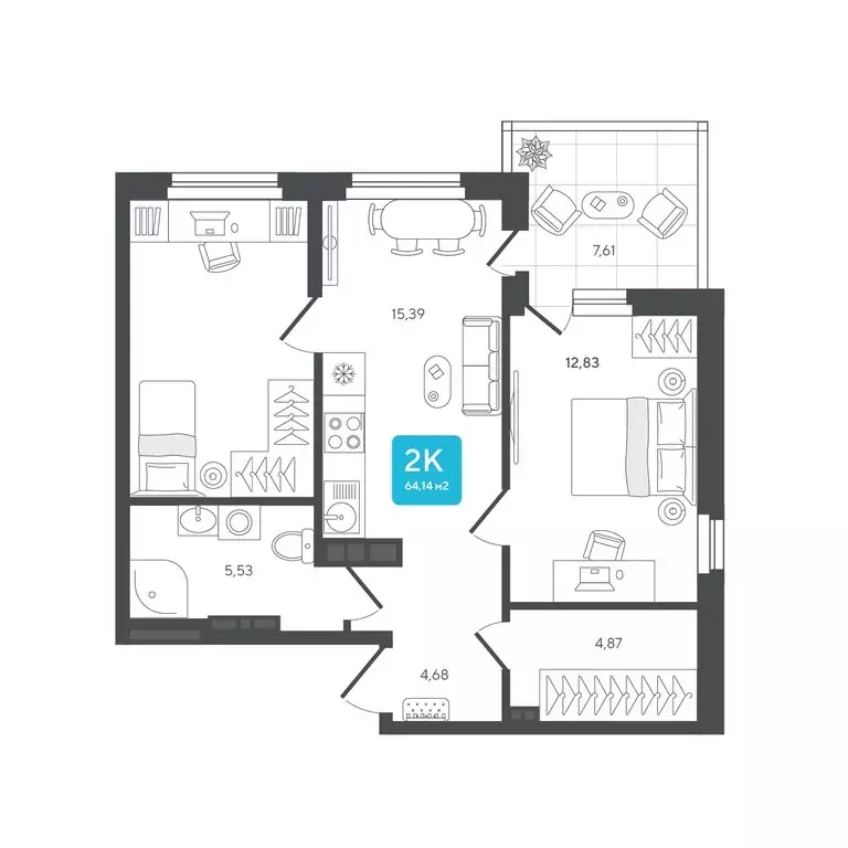 2-комнатная квартира: Дербыши, жилой комплекс Дабл-Дабл (64.14 м) - Фото 1