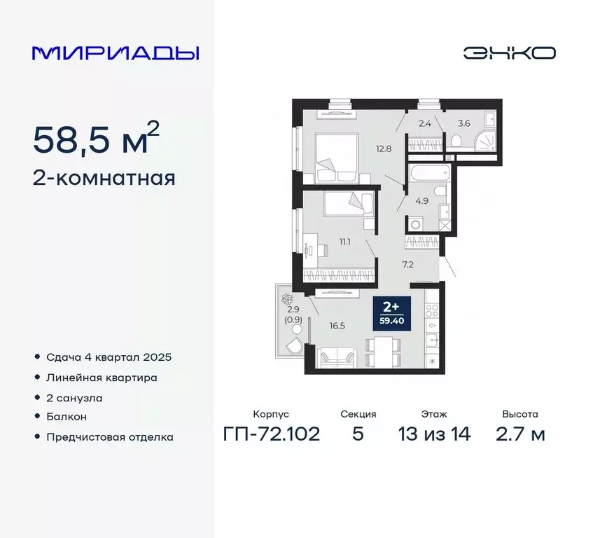 2-к кв. Тюменская область, Тюмень Мириады жилой комплекс (60.53 м) - Фото 0