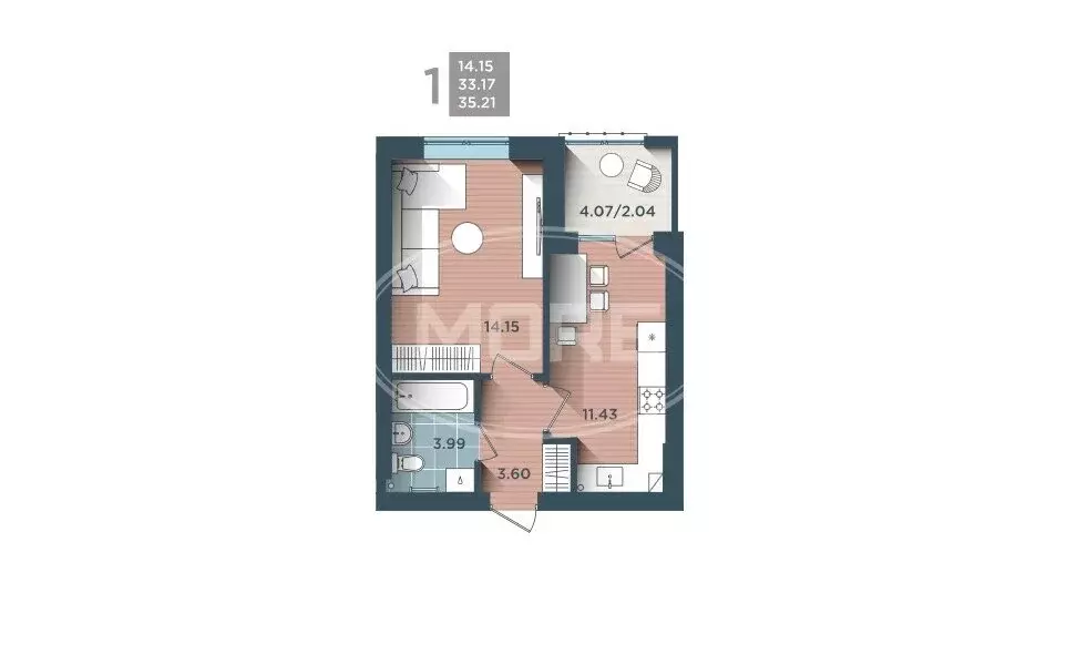 1-комнатная квартира: Калининград, улица Сержанта Мишина, 81к3 (35.6 ... - Фото 0