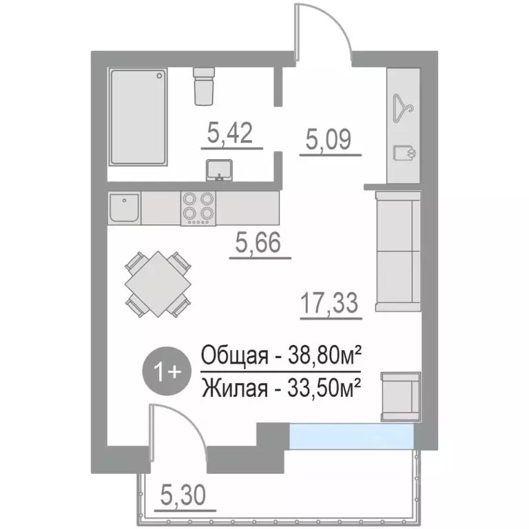 1-к кв. Тюменская область, Тюменский район, с. Кулаково  (38.8 м) - Фото 0