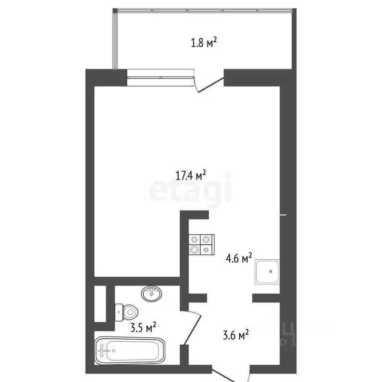 Студия Тюменская область, Тюмень Профсоюзная ул., 49 (31.0 м) - Фото 1