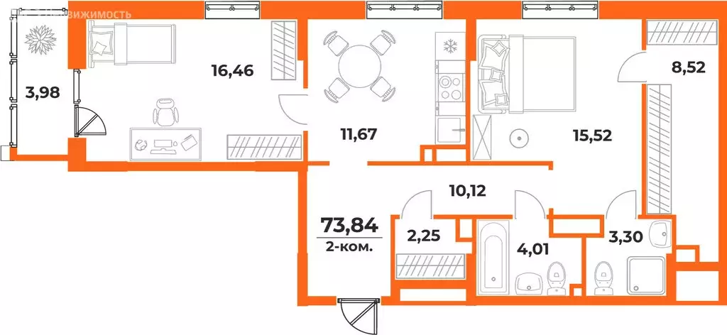 2-комнатная квартира: Хабаровск, Железнодорожный район (73.84 м) - Фото 1