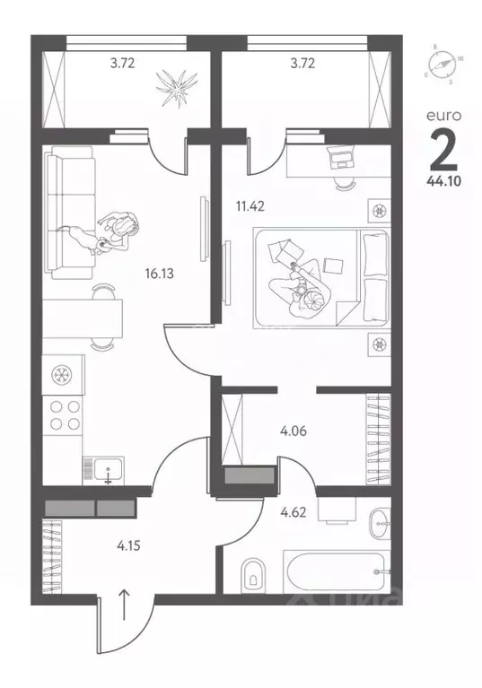 2-к кв. Липецкая область, Липецк ул. Перова, 2 (44.1 м) - Фото 1