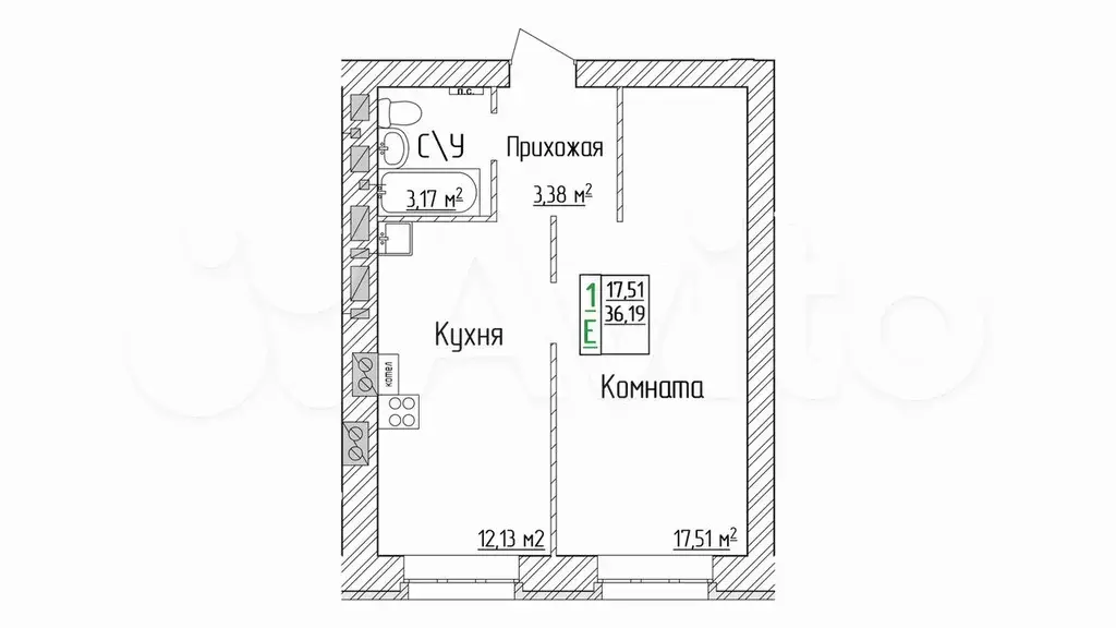 1-к. квартира, 36,2 м, 6/6 эт. - Фото 0