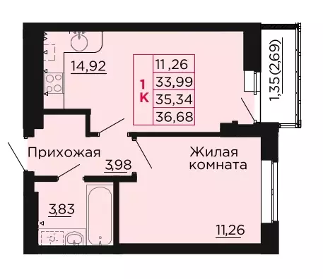 1-к квартира, 35.34 м - Фото 0