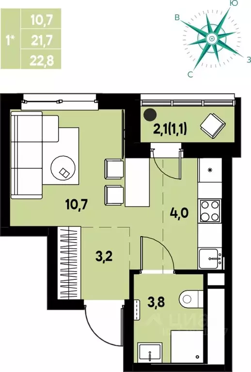 Студия Пермский край, д. Кондратово ул. Улановой, 5 (22.8 м) - Фото 1