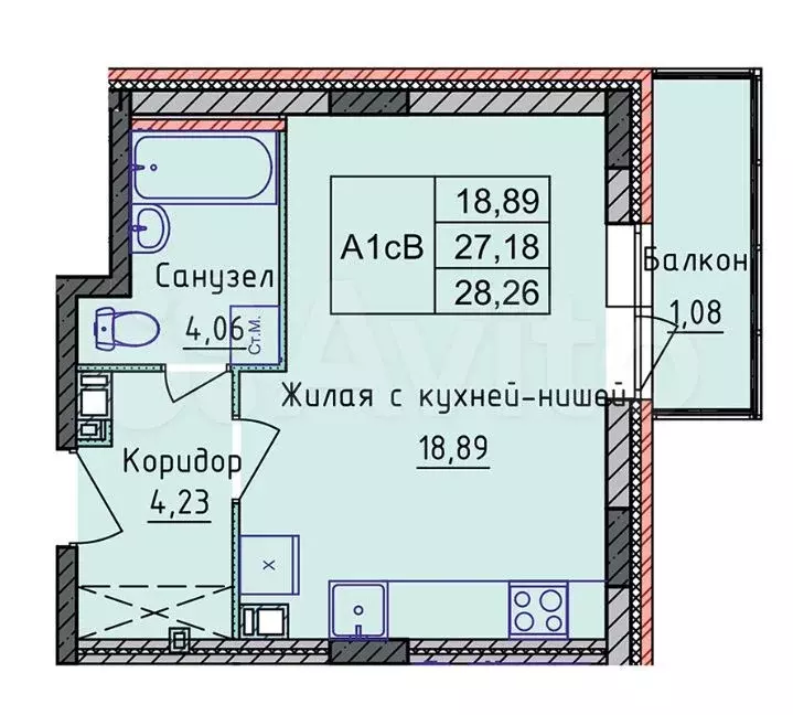 Квартира-студия, 28,3 м, 2/8 эт. - Фото 0