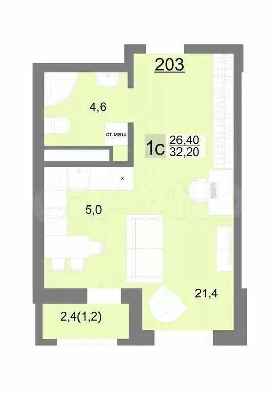 Квартира-студия, 32,2 м, 23/26 эт. - Фото 1