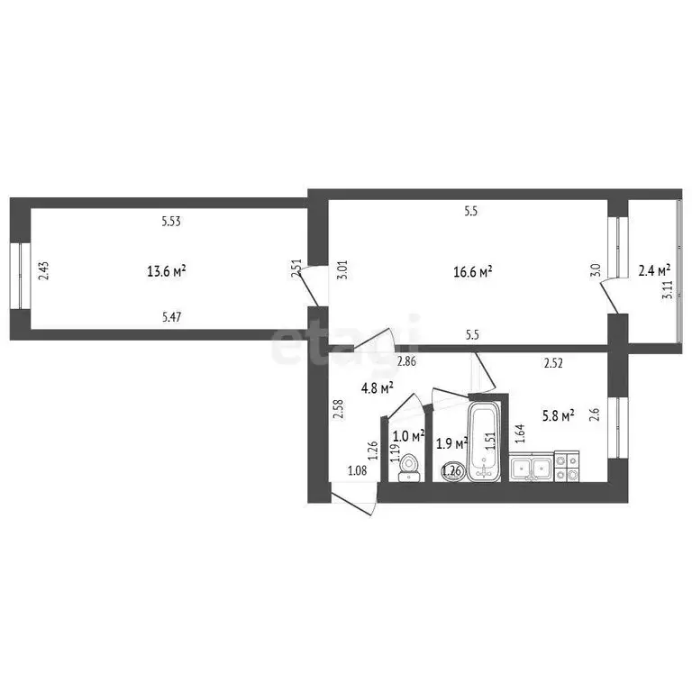 2-комнатная квартира: Стерлитамак, улица Щербакова, 13 (43.7 м) - Фото 1