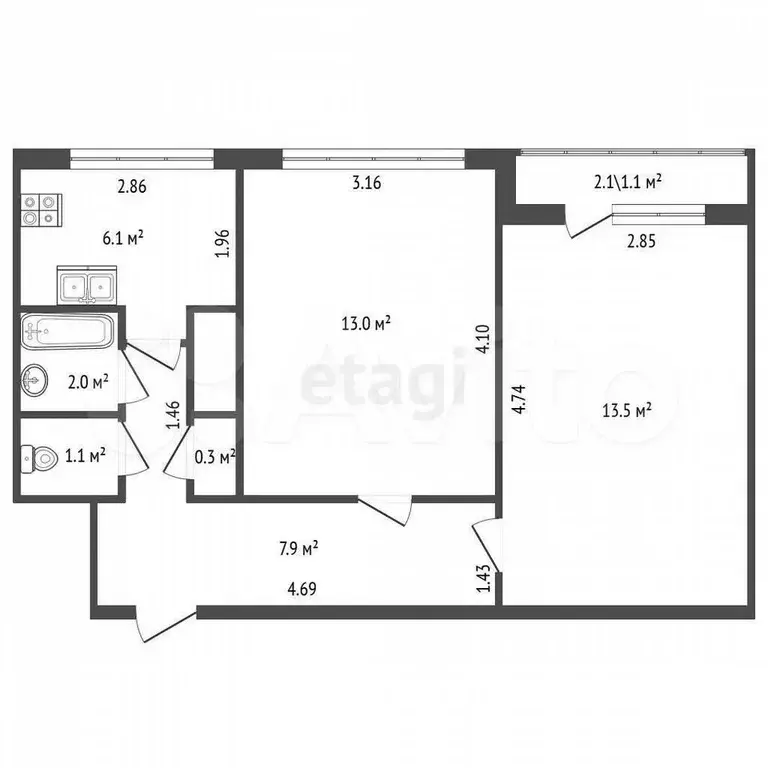 2-к. квартира, 43,9 м, 3/9 эт. - Фото 0