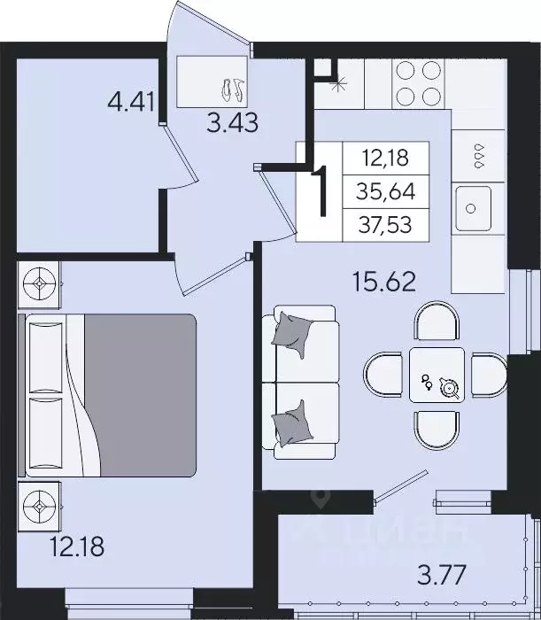 1-к кв. Краснодарский край, Краснодар  (37.53 м) - Фото 2