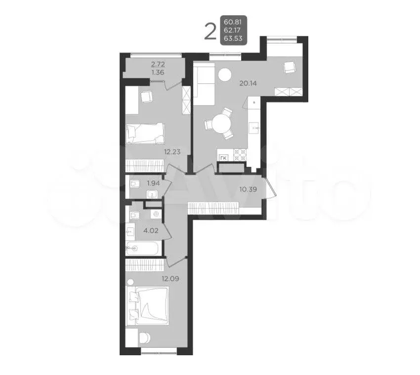 2-к. квартира, 62,4 м, 5/9 эт. - Фото 1