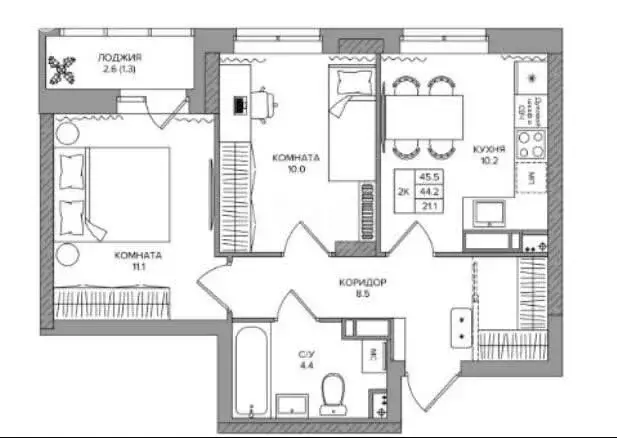 2-комнатная квартира: деревня Кондратово, Водопроводная улица, 5 (47 ... - Фото 1