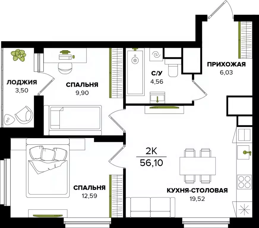 2-к кв. Тульская область, Тула  (56.1 м) - Фото 0