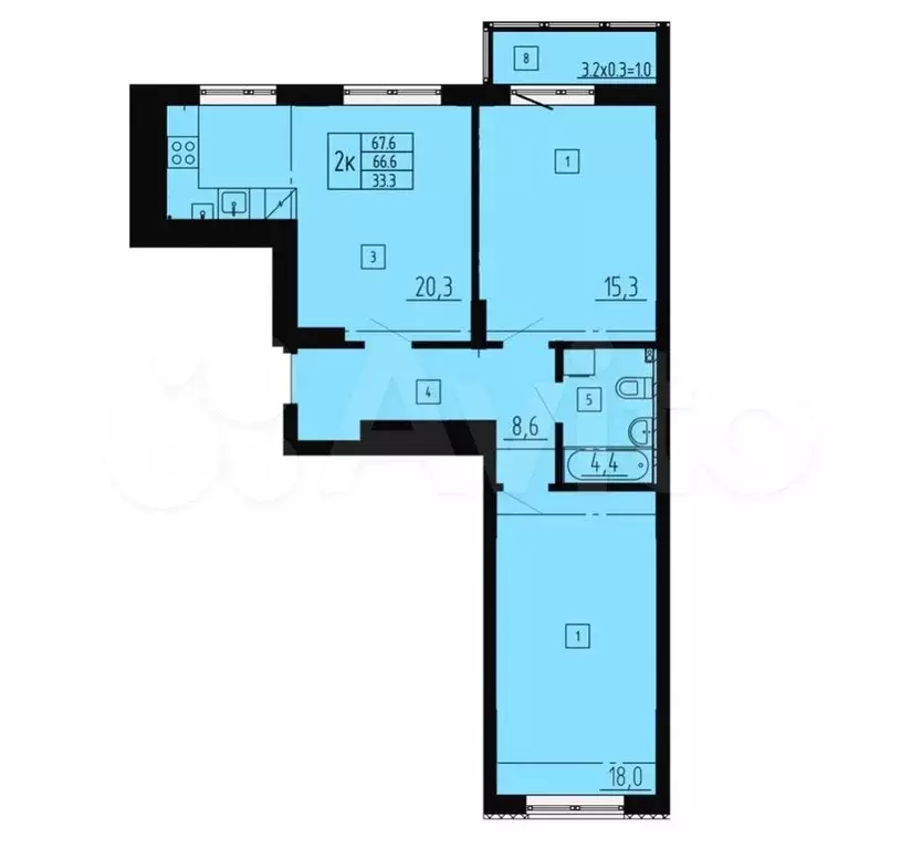 2-к. квартира, 67,6 м, 6/8 эт. - Фото 1