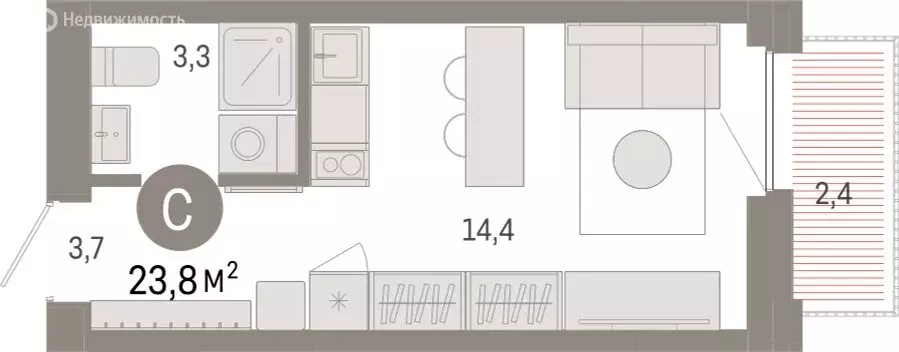 Квартира-студия: Тюмень, Мысовская улица, 26к2 (23.81 м) - Фото 1