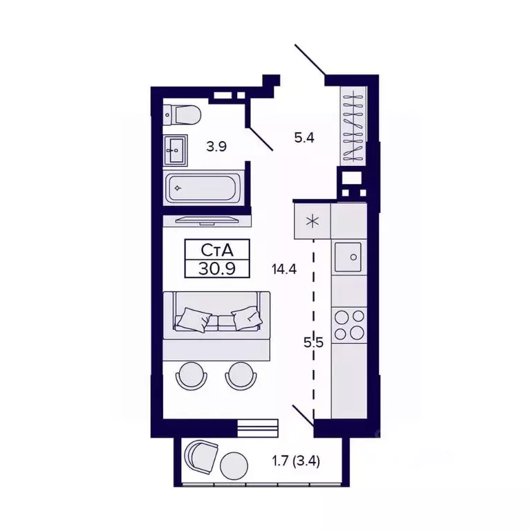 Студия Новосибирская область, Новосибирск ул. Коминтерна, 89 (29.1 м) - Фото 1