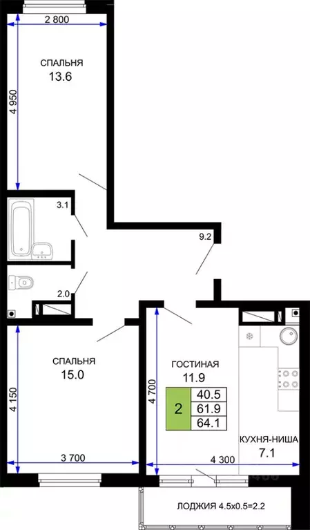 2-к кв. Краснодарский край, Краснодар ул. Домбайская, 57к9 (64.1 м) - Фото 0