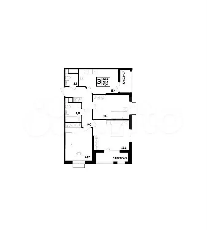 3-к. квартира, 77,6 м, 8/16 эт. - Фото 1