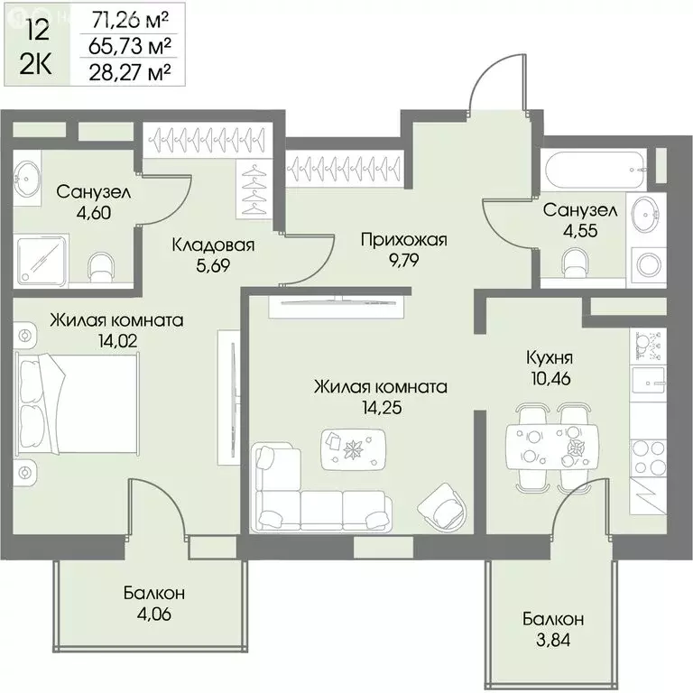 3-комнатная квартира: Рощино, ЖК Резиденция Рощино (65.73 м) - Фото 0