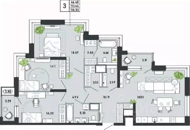 3-к кв. Тульская область, Тула ул. Фридриха Энгельса, 74 (118.5 м) - Фото 1