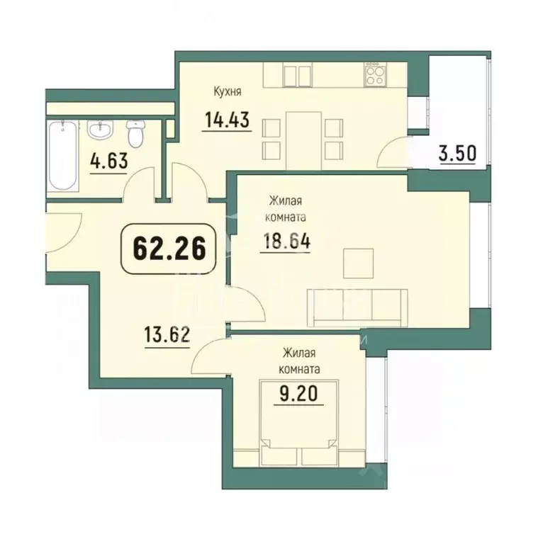 2-к кв. Калужская область, Калуга Московская ул., 311к7 (62.26 м) - Фото 2