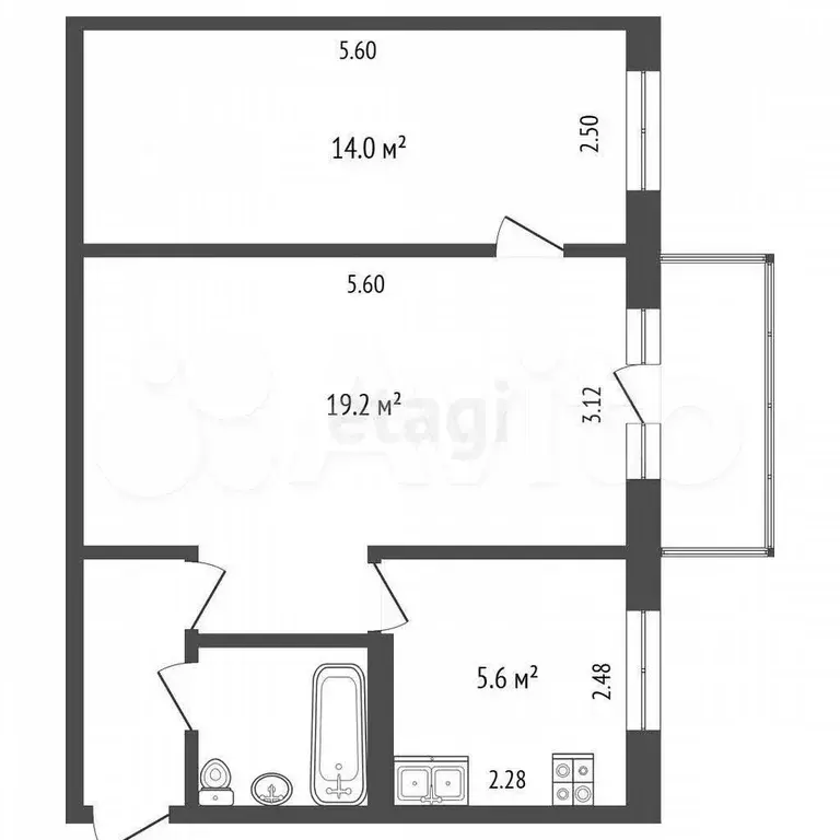 2-к. квартира, 44,7 м, 4/5 эт. - Фото 0