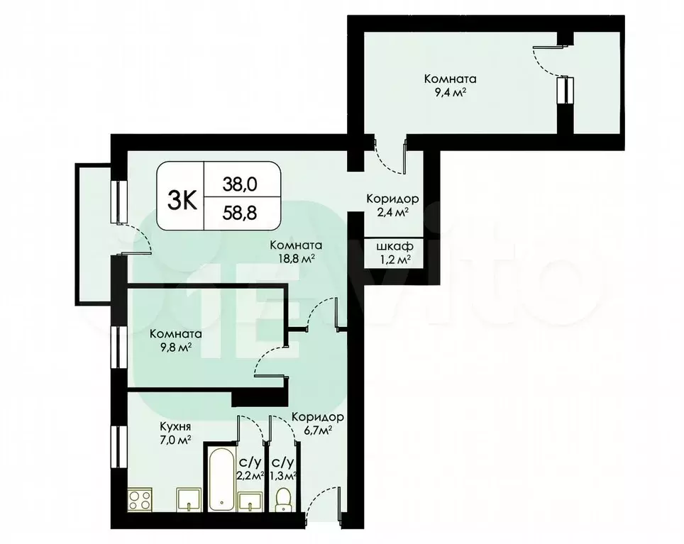 3-к. квартира, 58,8 м, 9/9 эт. - Фото 0