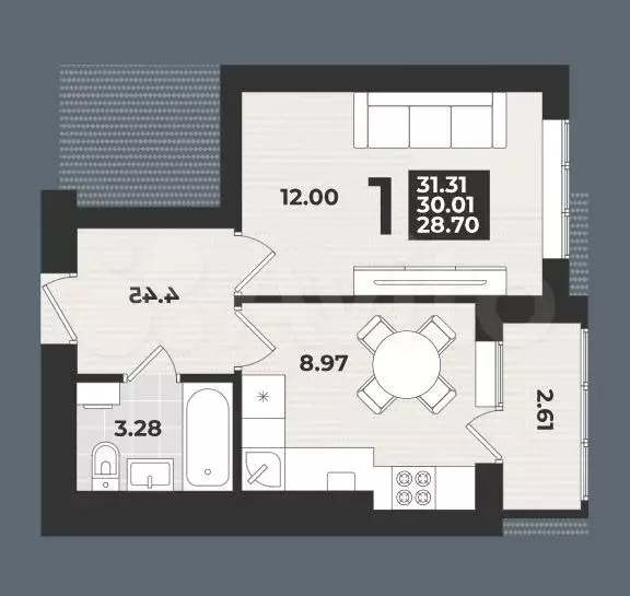1-к. квартира, 31,3 м, 3/9 эт. - Фото 1