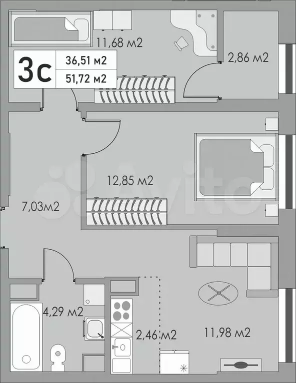 3-к. квартира, 51,7 м, 7/10 эт. - Фото 0