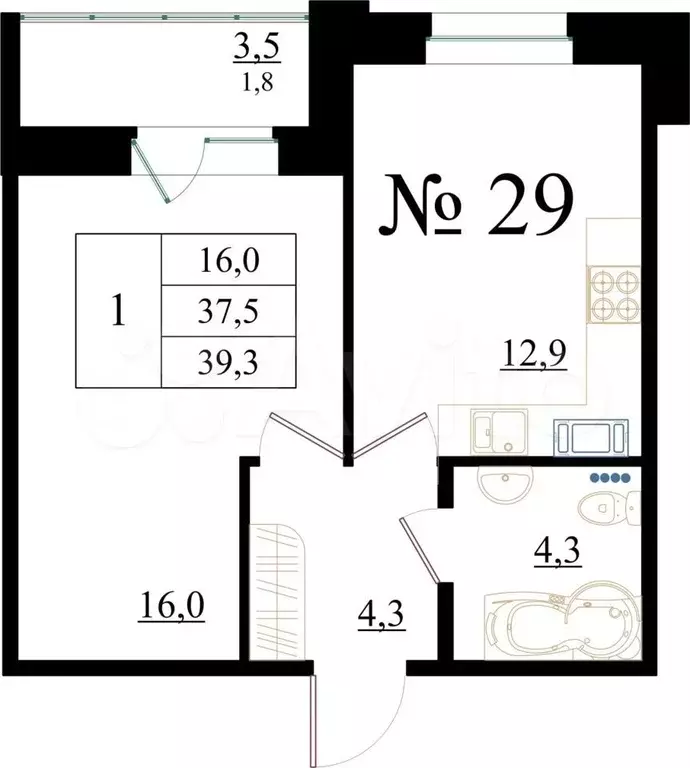 1-к. квартира, 39,3 м, 3/8 эт. - Фото 0