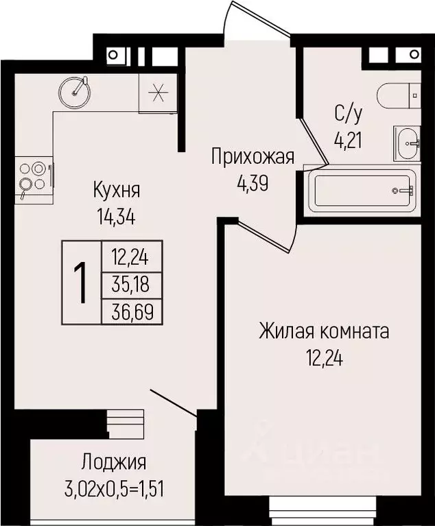 1-к кв. Краснодарский край, Краснодар ул. Михаила Барибана (36.69 м) - Фото 0
