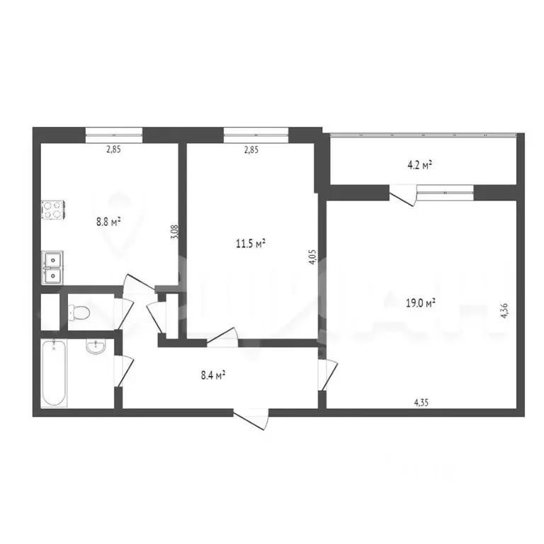 2-к кв. Тюменская область, Тобольск 7А мкр, 32В (52.0 м) - Фото 1