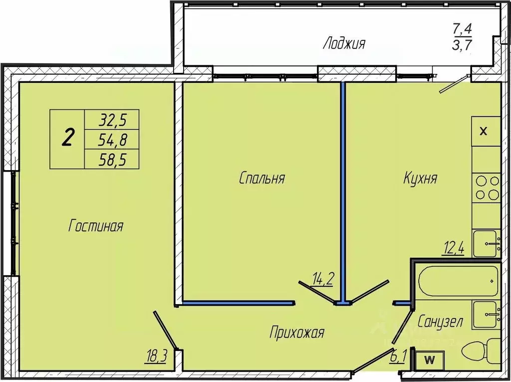 2-к кв. Кемеровская область, Кемерово просп. Притомский, 30А (58.5 м) - Фото 1