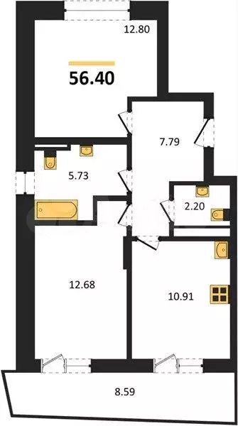 2-к. квартира, 57,1 м, 5/6 эт. - Фото 0