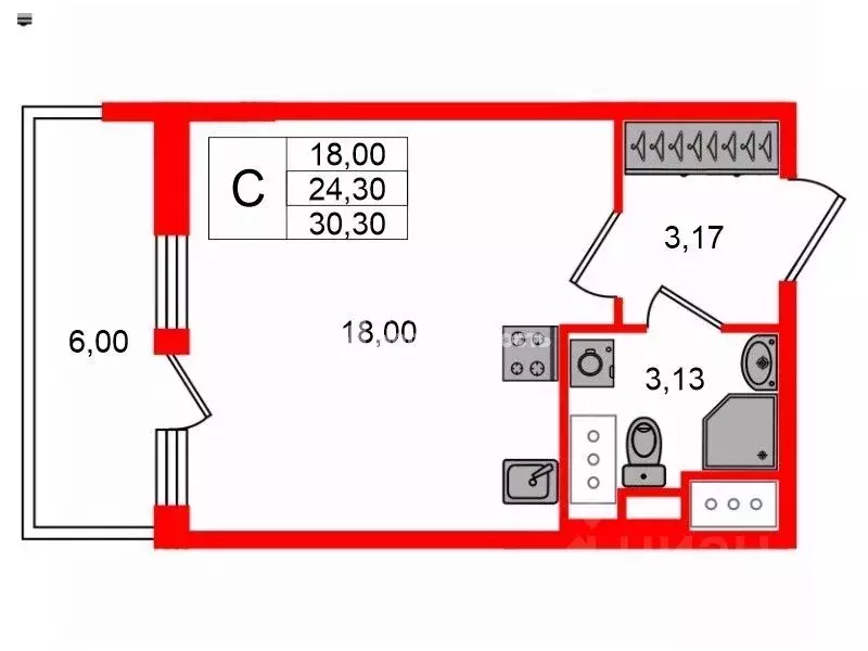 Студия Санкт-Петербург ул. Верхне-Каменская, 9к1 (24.3 м) - Фото 2