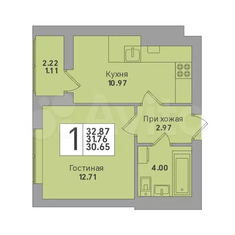 1-к. квартира, 32,9 м, 1/8 эт. - Фото 1