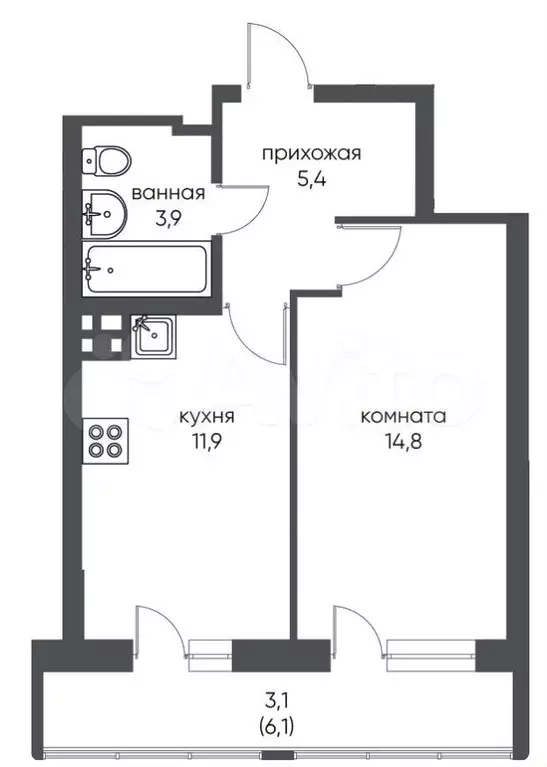 1-к. квартира, 39,1 м, 7/15 эт. - Фото 0