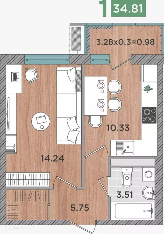 Продаётся 1-к квартира, 34.1 м - Фото 1