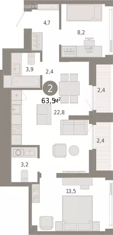 2-комнатная квартира: Тюмень, жилой комплекс Зарека (63.48 м) - Фото 1