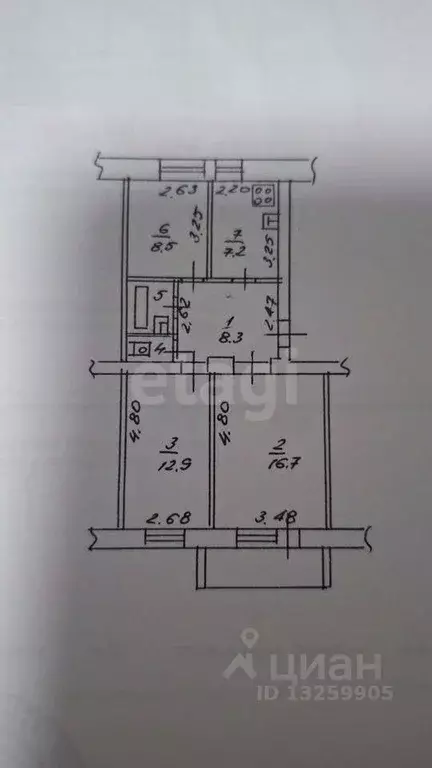 3-к кв. Липецкая область, Липецк ул. Пришвина, 16 (57.5 м) - Фото 2