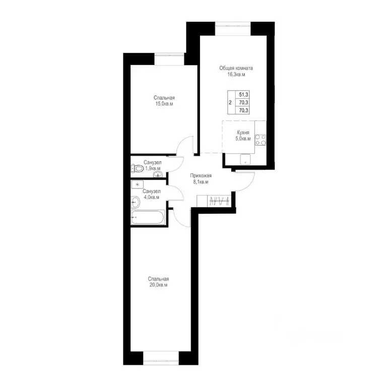 2-к кв. Татарстан, Альметьевск  (70.3 м) - Фото 1