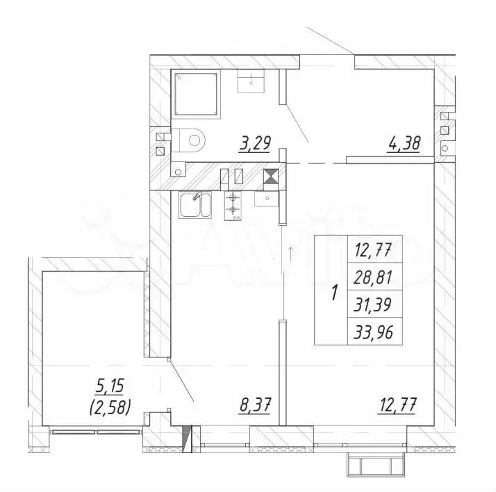 1-к. квартира, 31,4 м, 2/4 эт. - Фото 1
